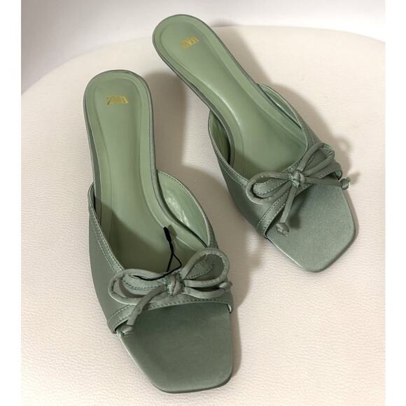 ZARA Open Toe Heels NWT | Green Bow Detail Square Toe - Picture 10 of 16